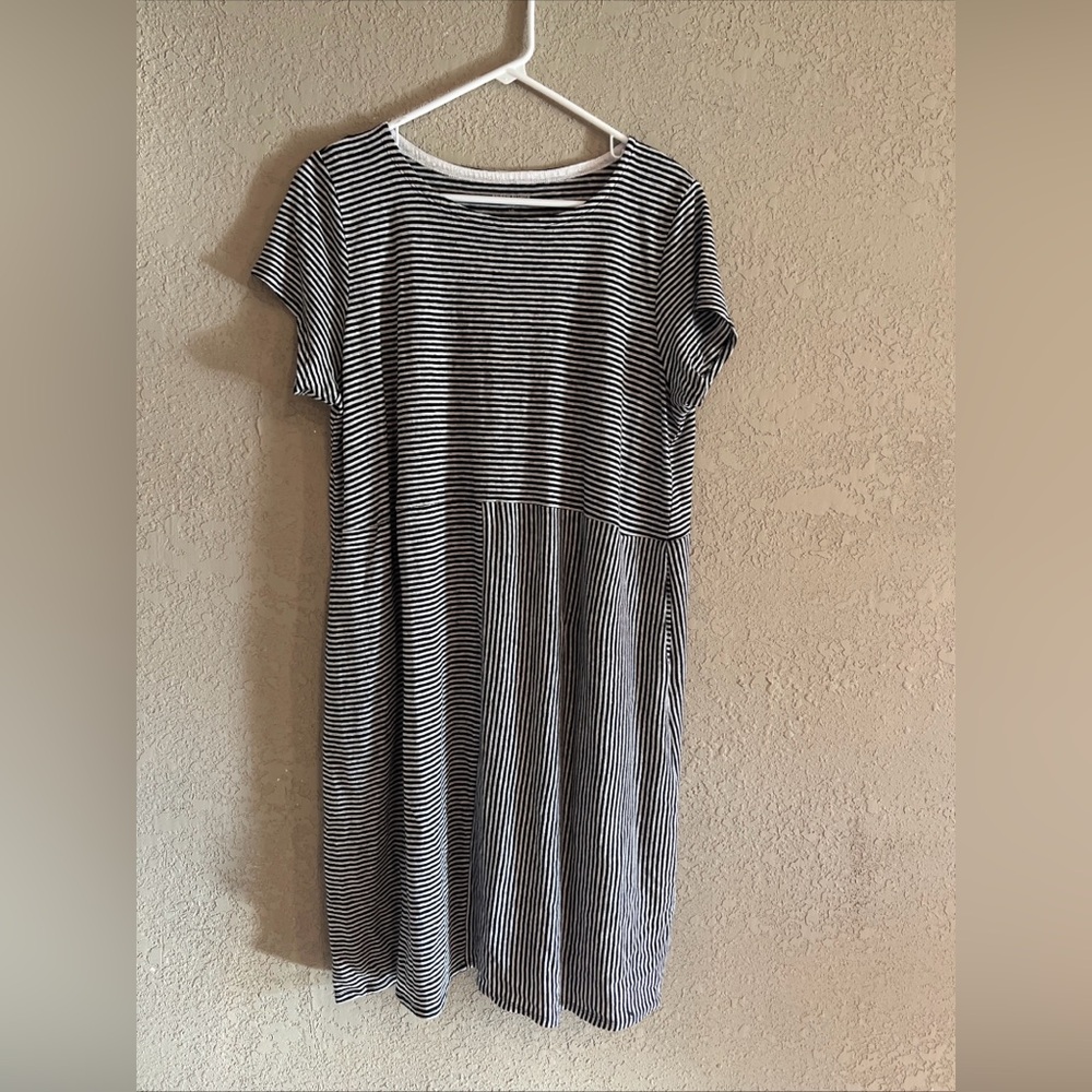 Eileen Fisher Black & White Striped Short-Sleeve Midi Dress Sz Large Org. Linen